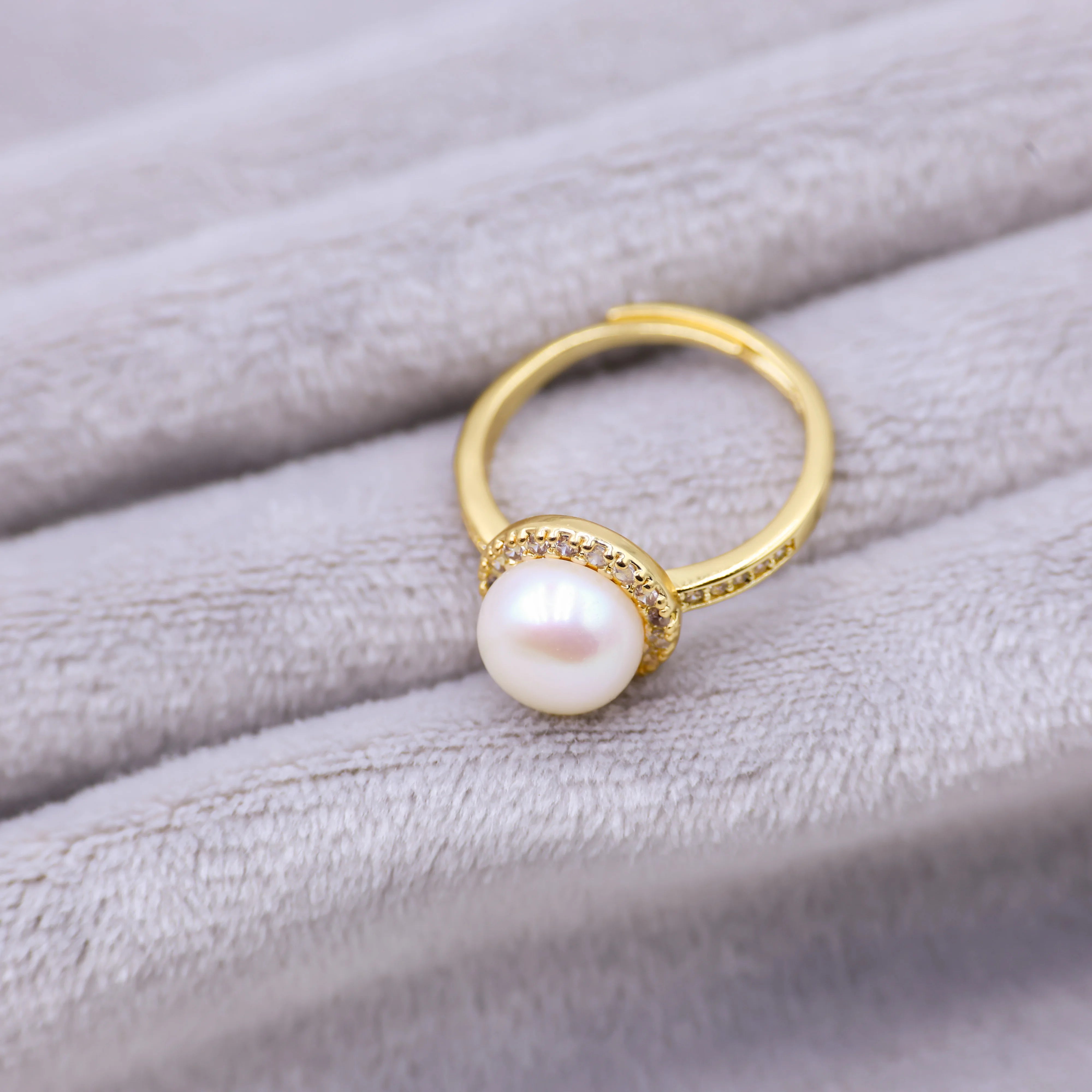 High Quality 18K Gold Plated Natural Freshwater Pearl Ring Luxury Adjustable Open Wedding Jewelry Wholesale