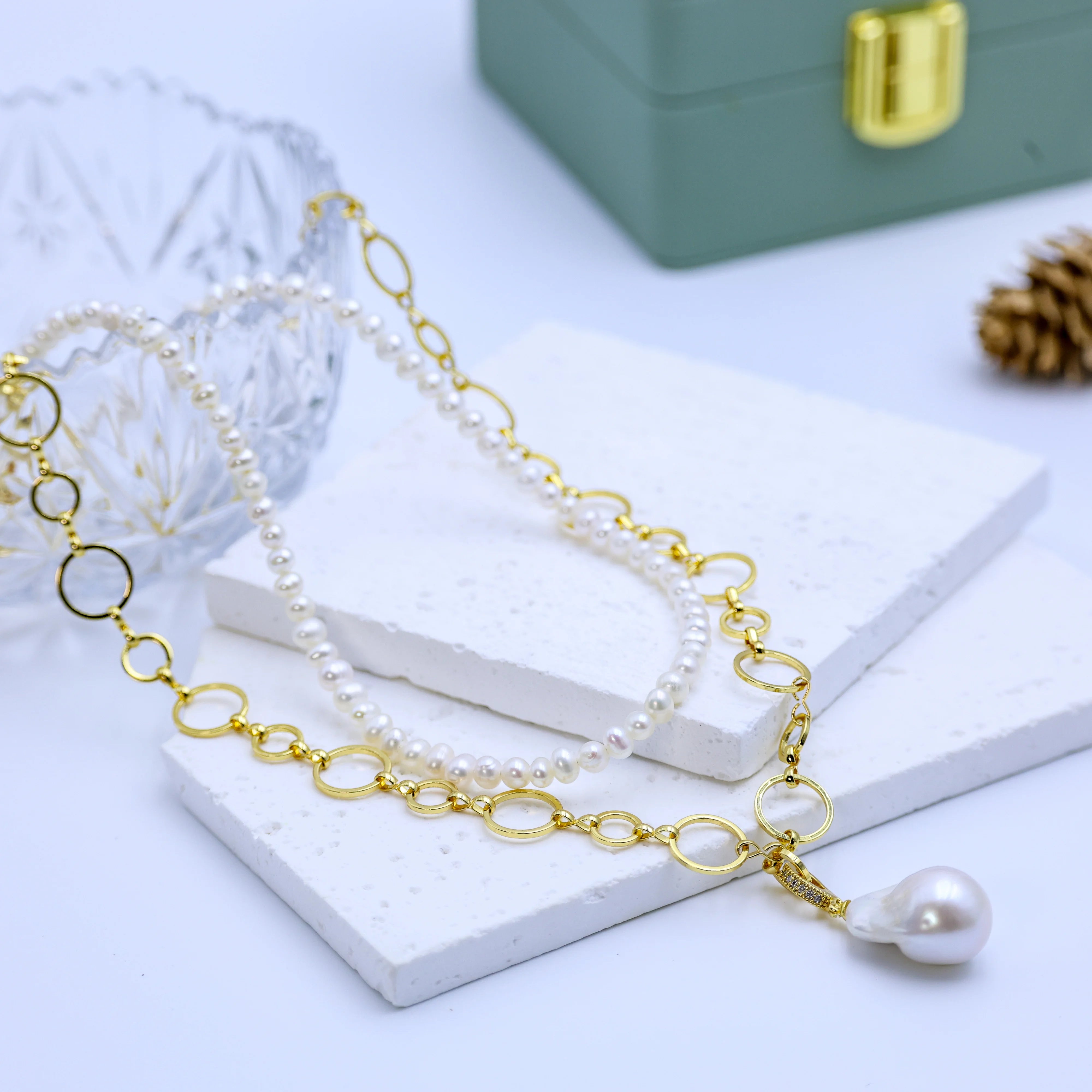 DIY Fashion Design Precious Natural Freshwater Pearl Balloon Pearl Pendant 18K Gold Necklace Combination Necklace