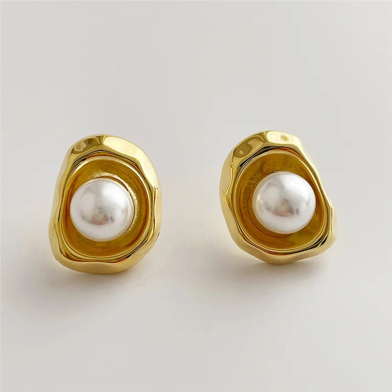 DIY Vintage Design Simple 925 Silver Needle Earring Gold-Plated Irregular Metal Natural freshwater Pearl Earrings