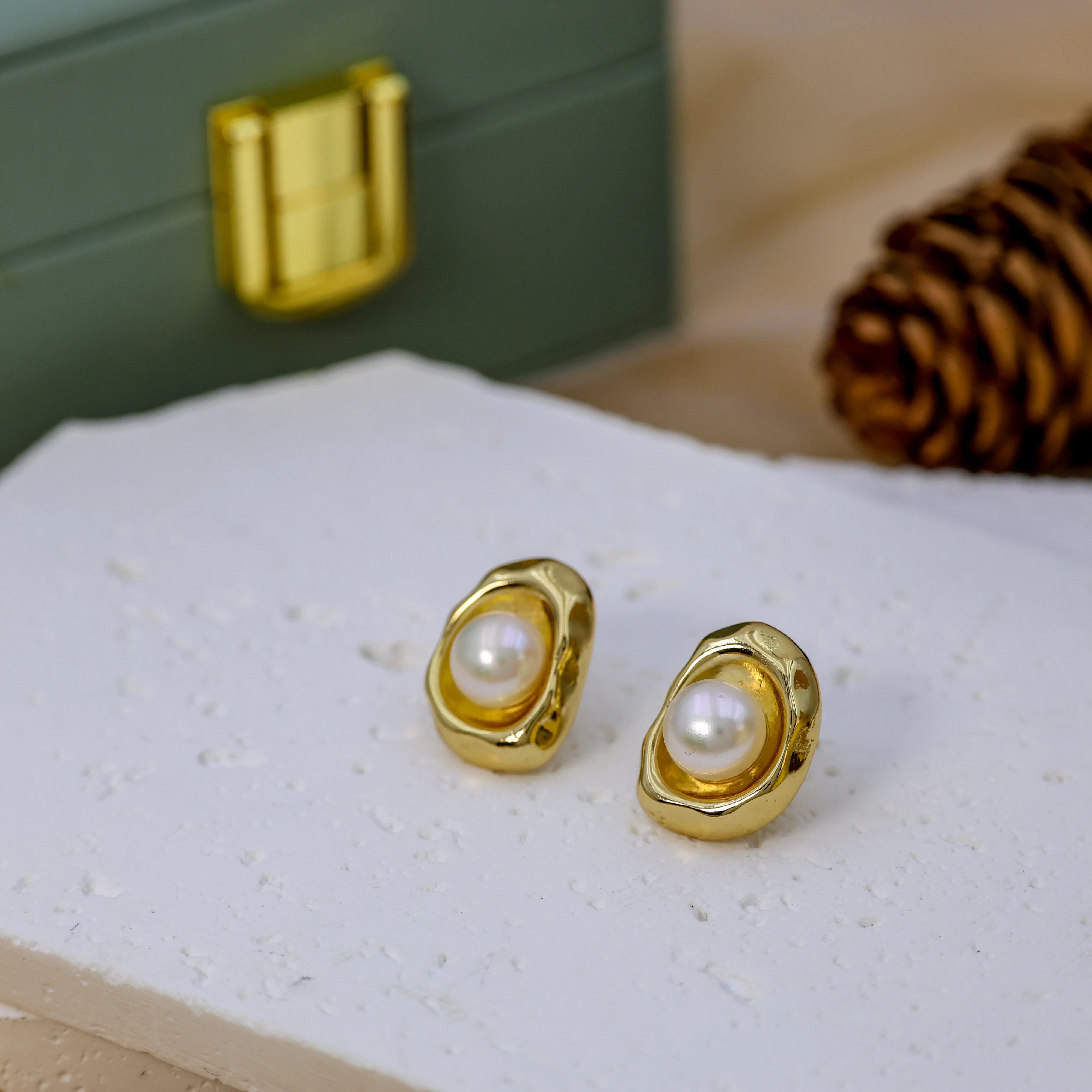 DIY Vintage Design Simple 925 Silver Needle Earring Gold-Plated Irregular Metal Natural freshwater Pearl Earrings