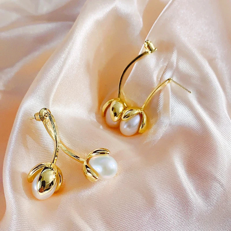 DIY Fashion Design Women's Trendy Tulip Earrings Freshwater Natural Pearls with18K gold Wedding Gift Wholesale Fashion Jewelry