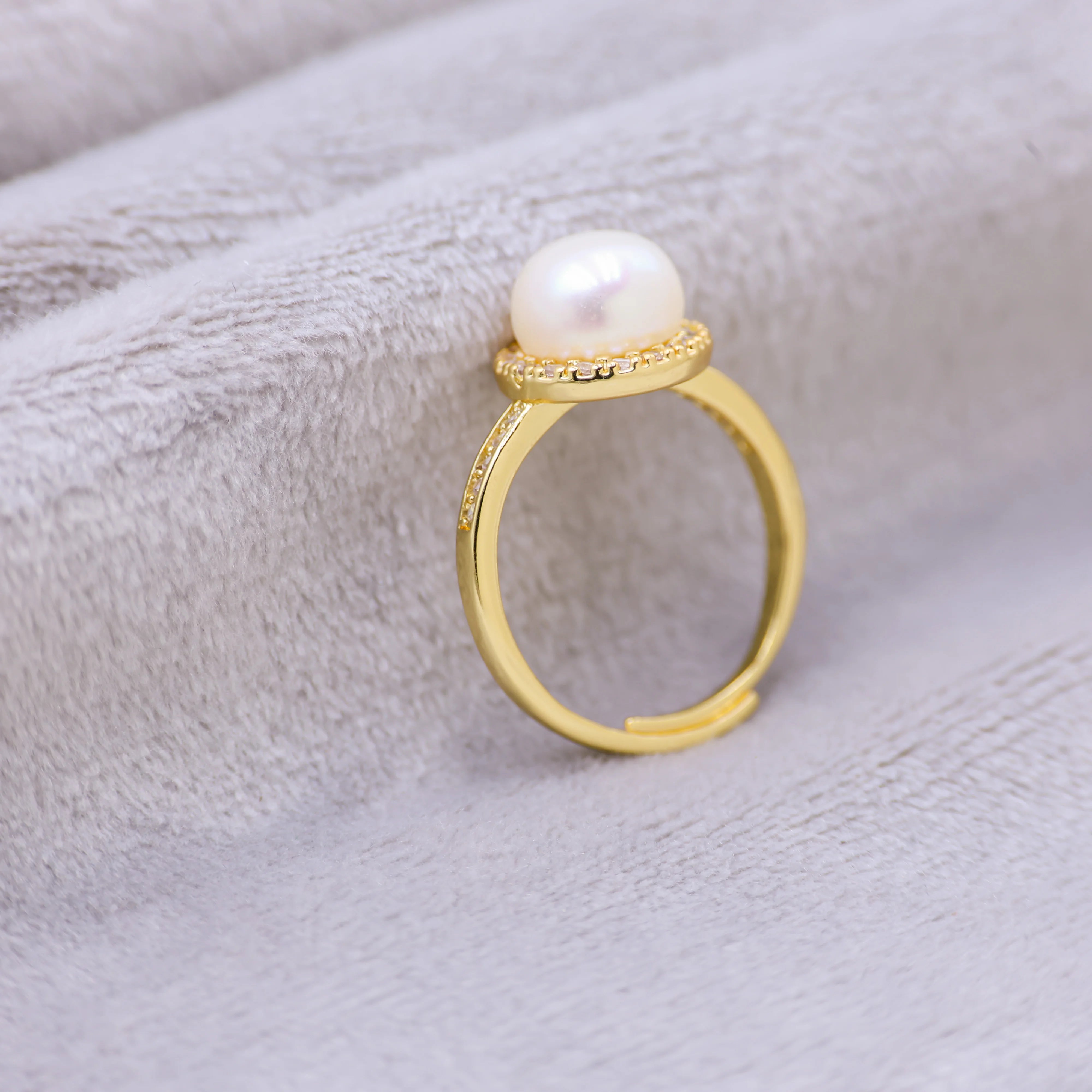 High Quality 18K Gold Plated Natural Freshwater Pearl Ring Luxury Adjustable Open Wedding Jewelry Wholesale