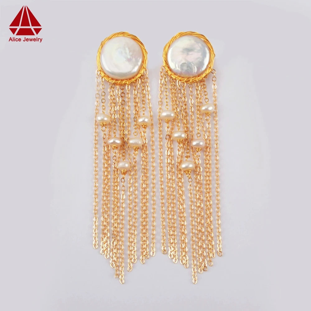 DIY fashion design freshwater pearl button Baroque 18K gold-plated tassel style women's earrings