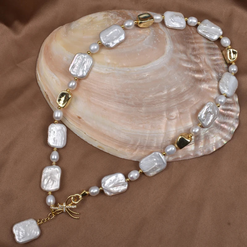 DIY Design Baroque Freshwater White Pearl 18K Gold Pendant Necklace Trendy Collarbone Necklaces for Women for Weddings Parties