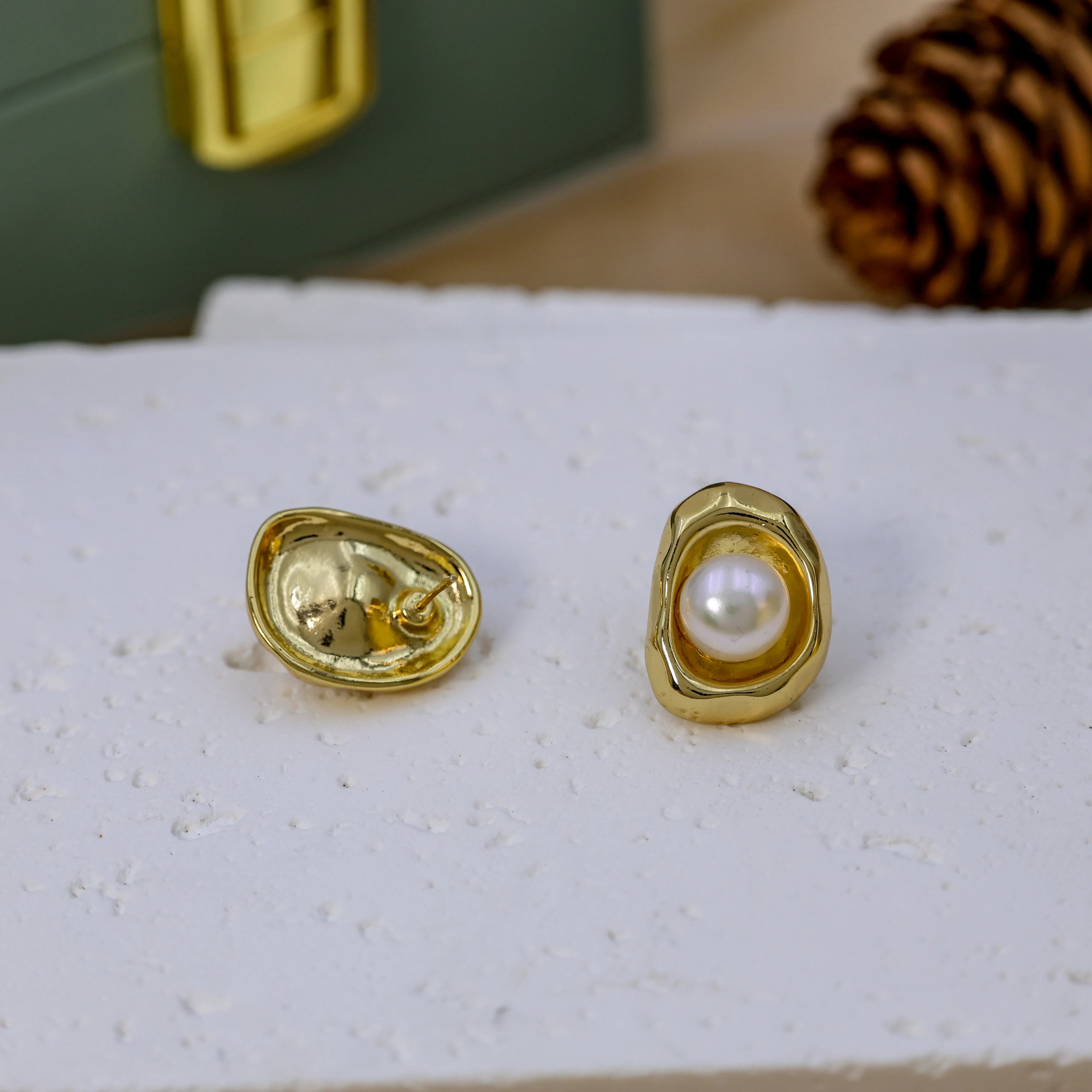 DIY Vintage Design Simple 925 Silver Needle Earring Gold-Plated Irregular Metal Natural freshwater Pearl Earrings