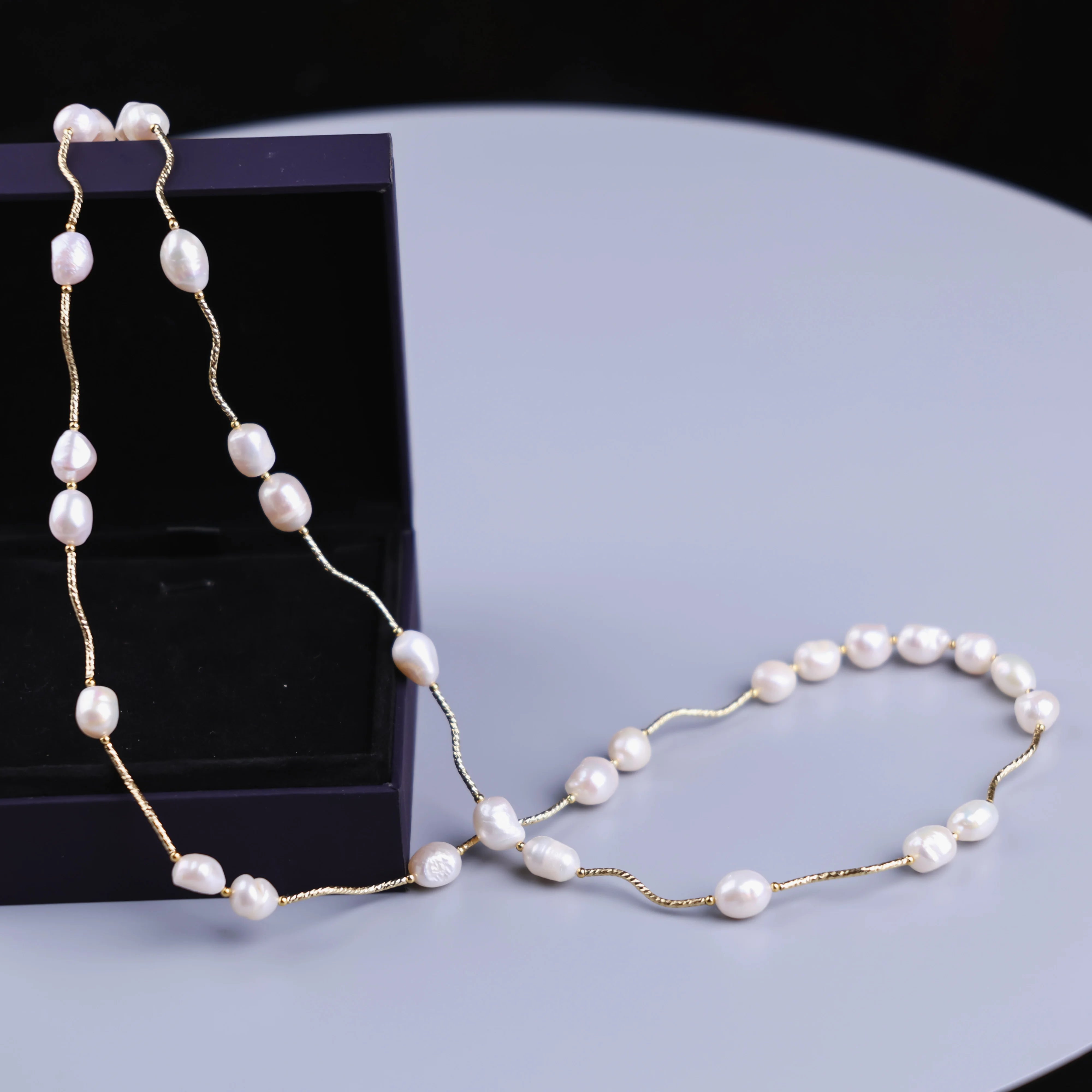 DIY Design Long necklace Women's Beautiful Natural Freshwater Pearl Necklace Paired with Dress, High end and Elegant gold-plated