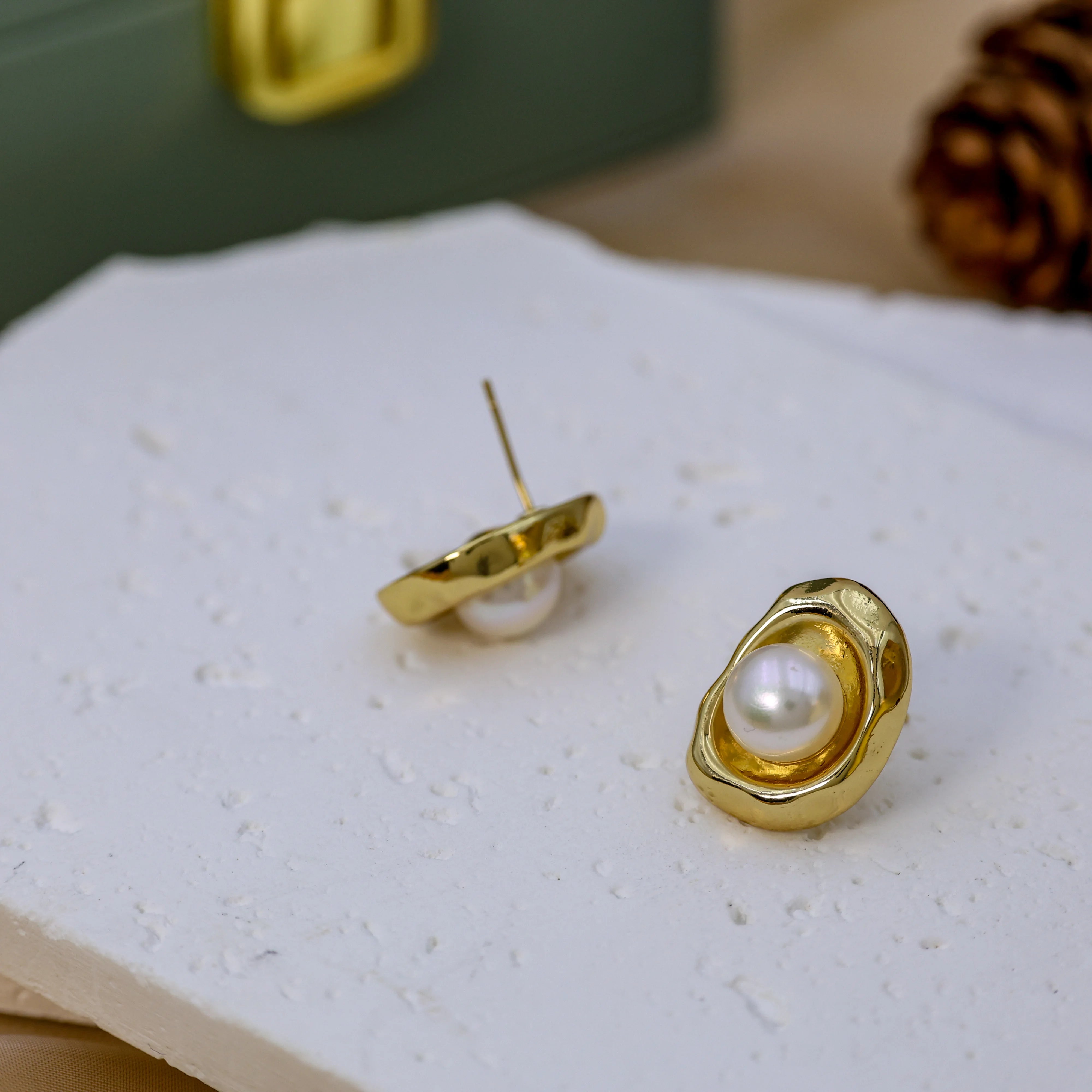 DIY Vintage Design Simple 925 Silver Needle Earring Gold-Plated Irregular Metal Natural freshwater Pearl Earrings