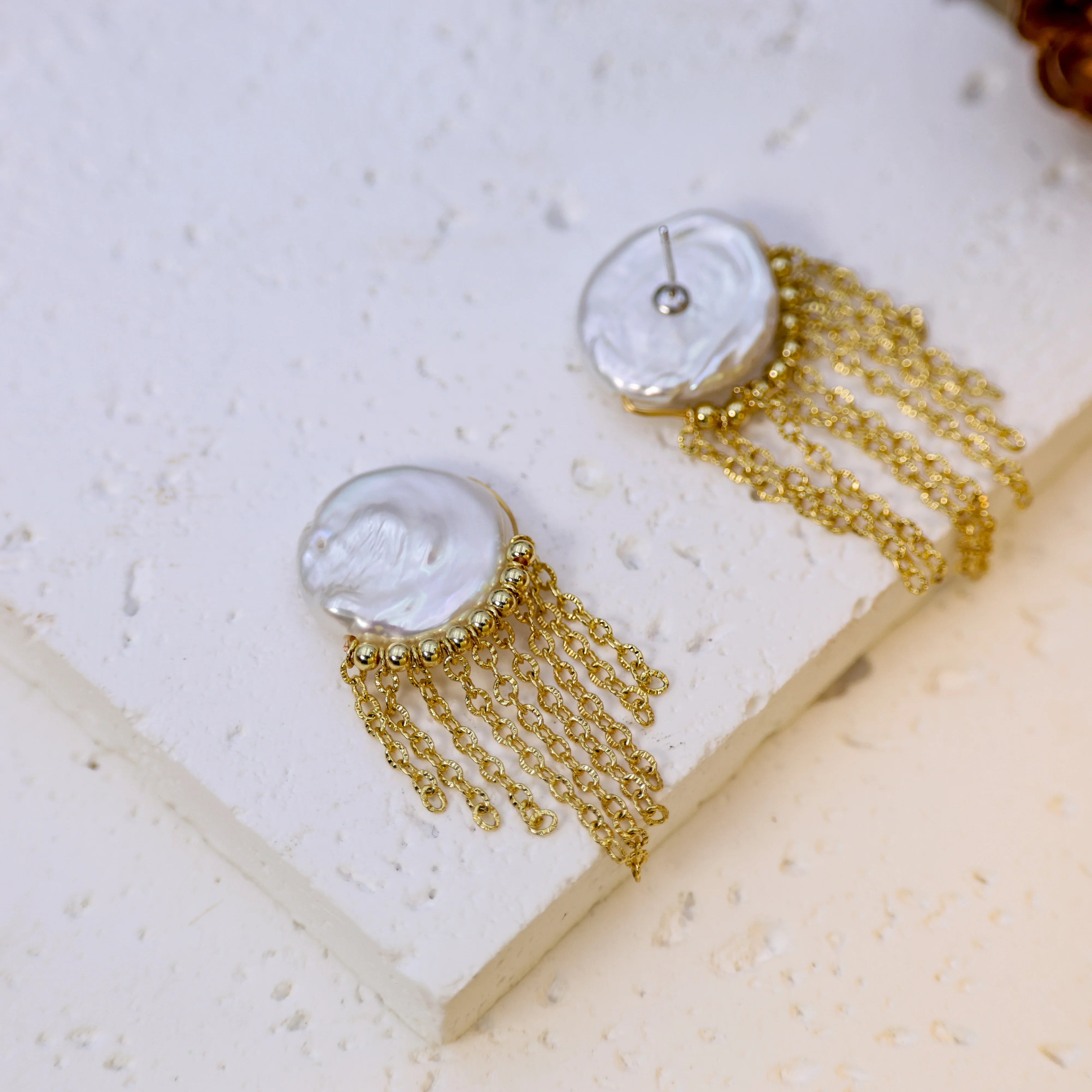 DIY fashion design freshwater pearl button Baroque 18K gold-plated tassel style women's earrings