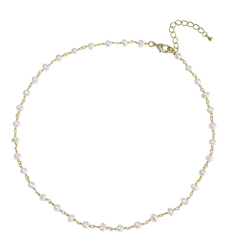 DIY Handmade Romantic Retro Natural Freshwater Pearl Necklace Gold Plated for Wedding and Party Gifts
