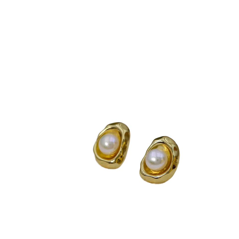DIY Vintage Design Simple 925 Silver Needle Earring Gold-Plated Irregular Metal Natural freshwater Pearl Earrings