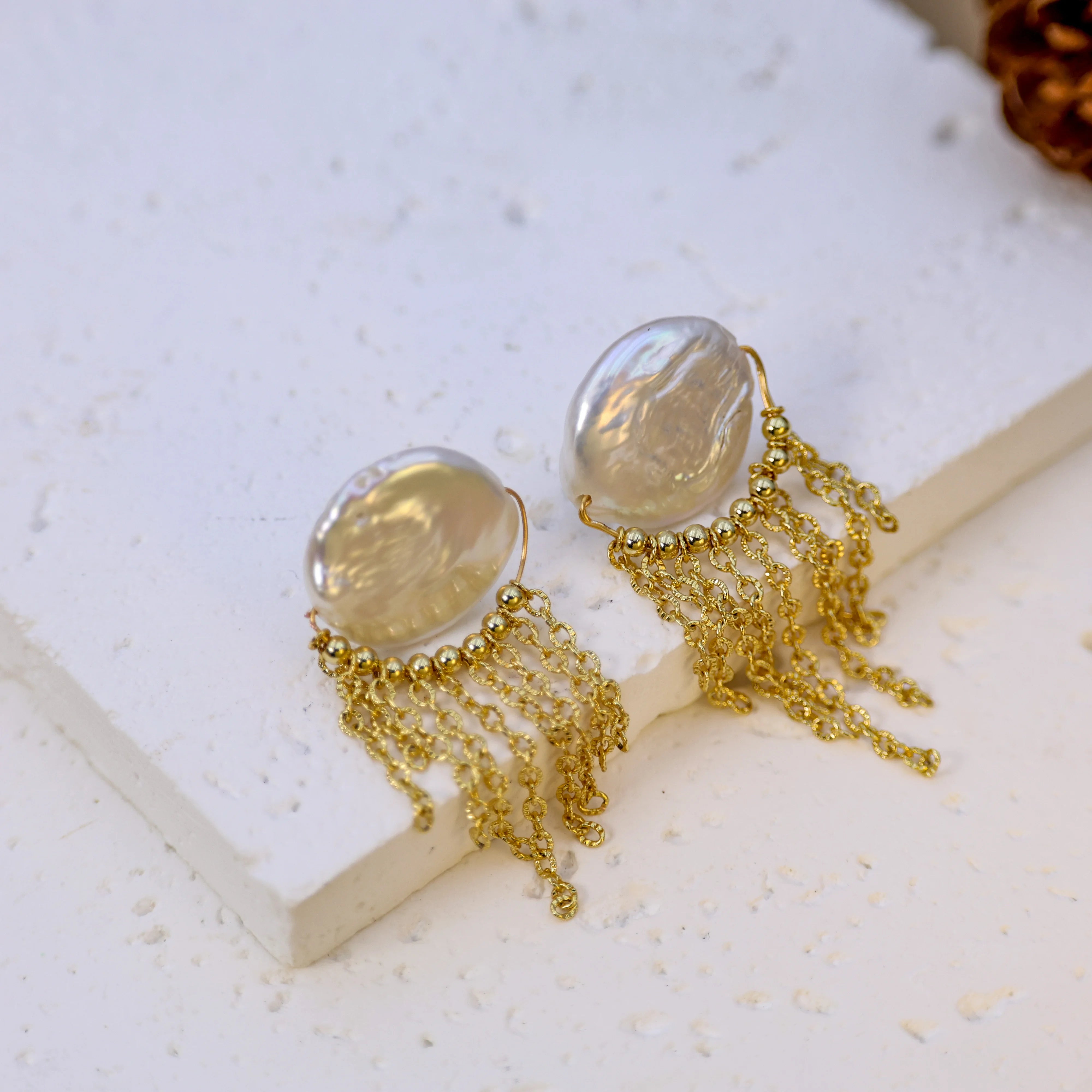 DIY fashion design freshwater pearl button Baroque 18K gold-plated tassel style women's earrings