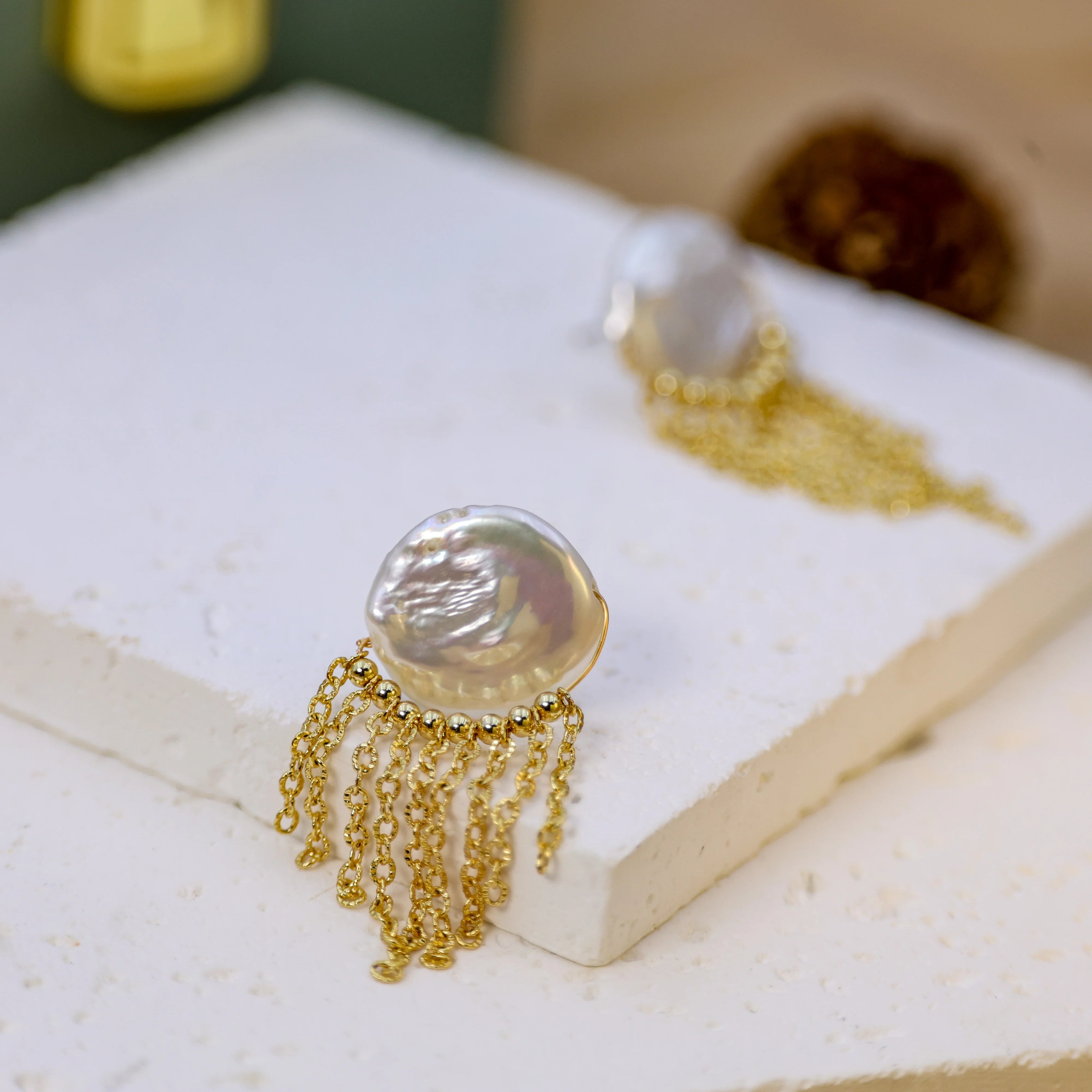 DIY fashion design freshwater pearl button Baroque 18K gold-plated tassel style women's earrings
