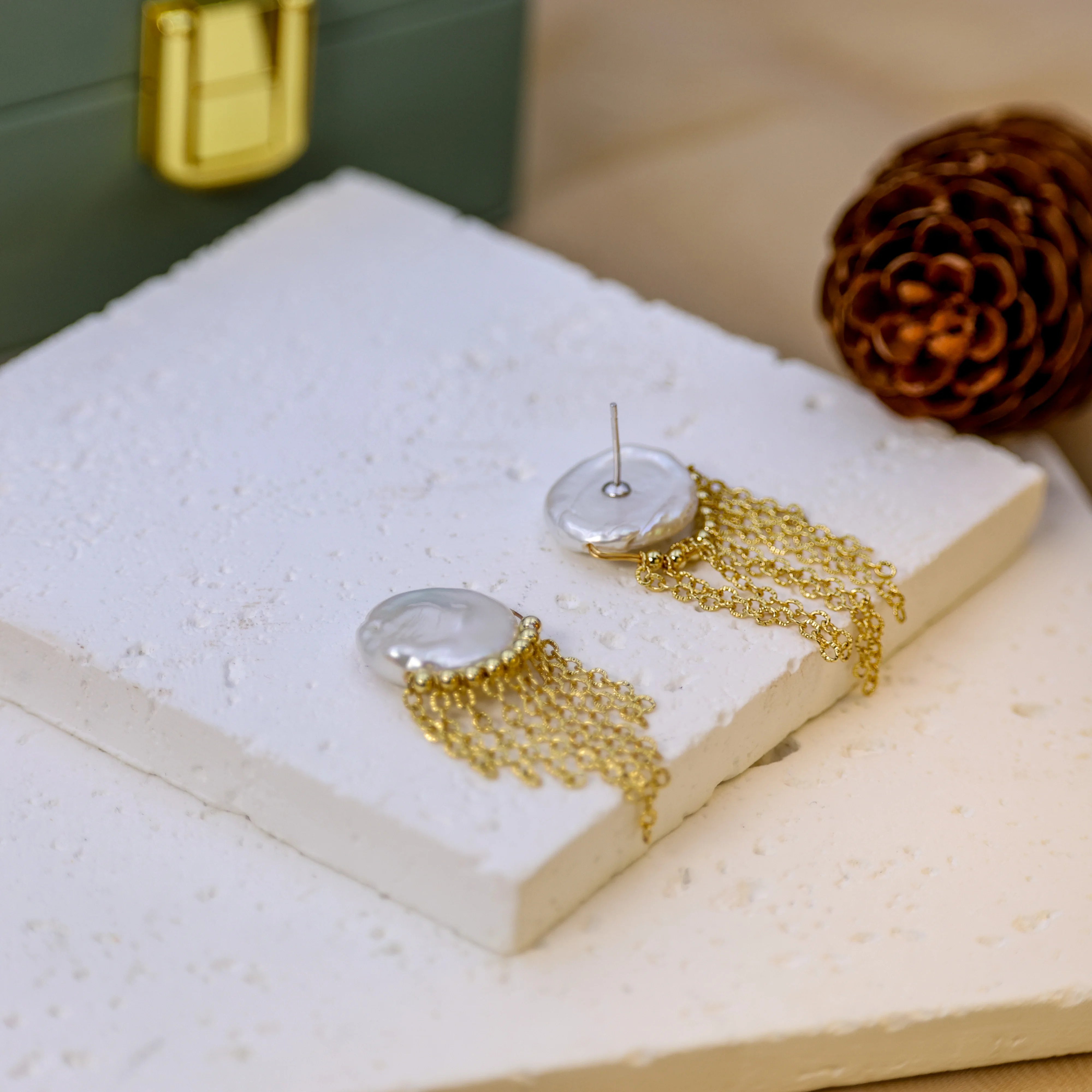 DIY fashion design freshwater pearl button Baroque 18K gold-plated tassel style women's earrings