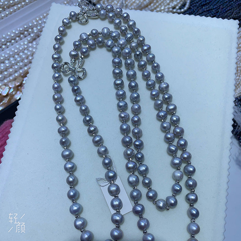 Double Layer Gray Pearl Necklace - 8mm Freshwater Pearl, Elegant Versatile Women's Jewelry for Gift