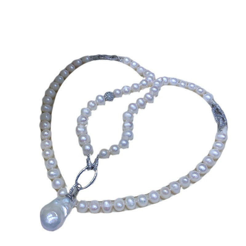 Natural Freshwater Pearl Necklace & Bracelet Set - White Near-Round Baroque Jewelry, Multi-Wear Style