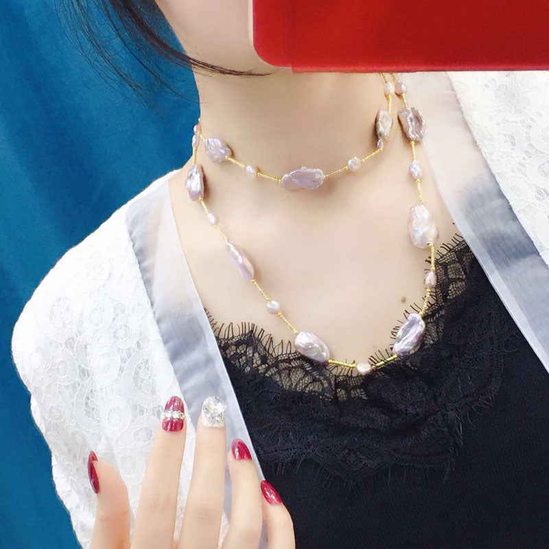 "Baroque Pearl Necklace | Raw Colorful Purple 6-14mm Unique Design for Women"