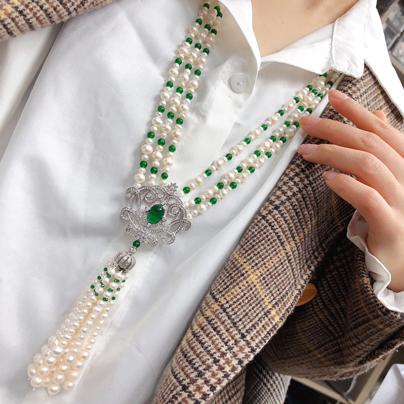 Multi-Layer Natural Freshwater Pearl Necklace - White Luxury Green Long Chain, Elegant Qipao Jewelry for Women, Wholesale