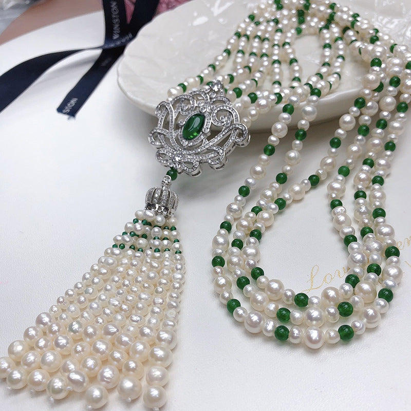 Multi-Layer Natural Freshwater Pearl Necklace - White Luxury Green Long Chain, Elegant Qipao Jewelry for Women, Wholesale