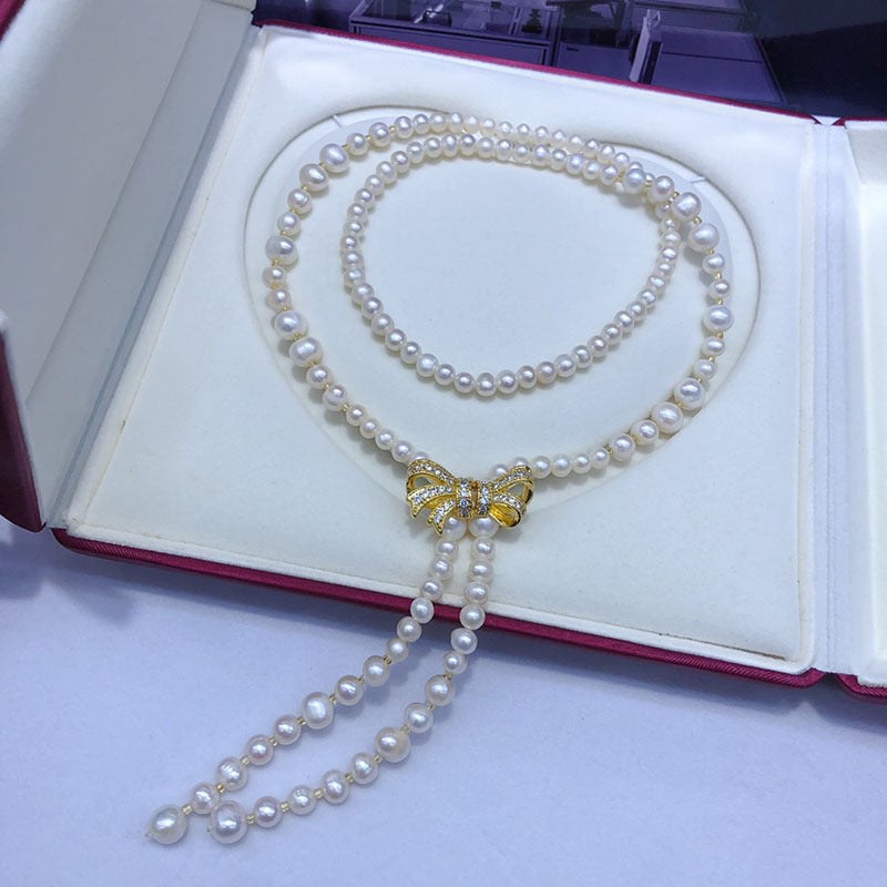 New Natural Freshwater Pearl Necklace with Bow - 5-9mm Near-Round Slightly Imperfect, Fashion Elegant Jewelry for Women