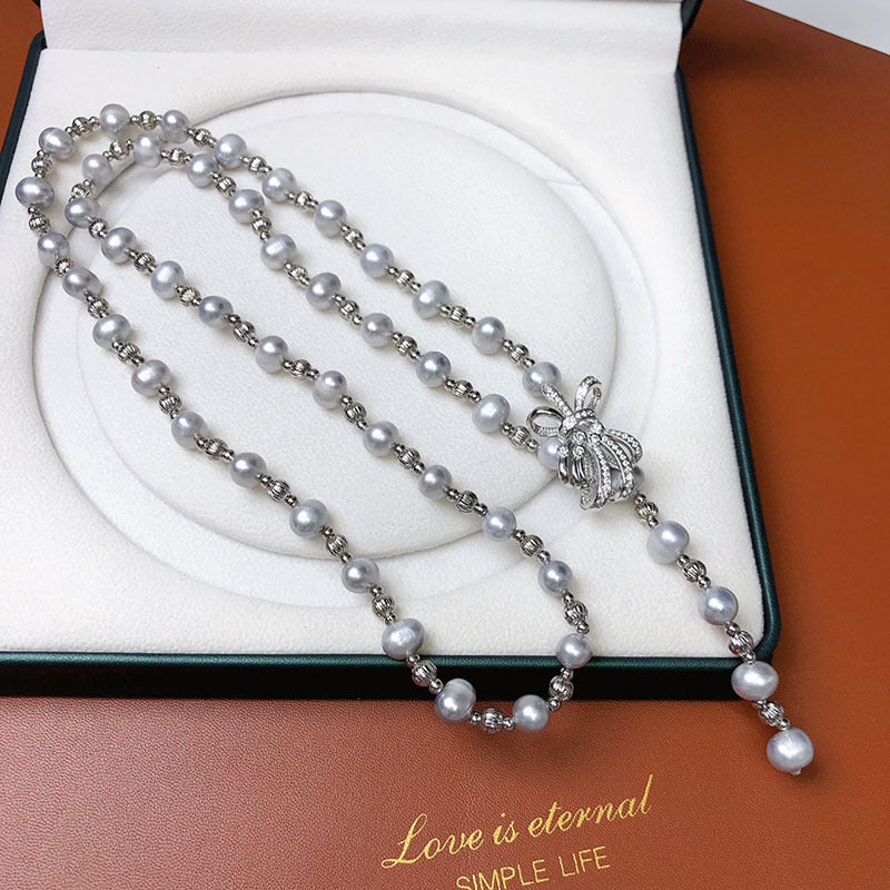 80cm Gray Freshwater Pearl Necklace - Retro Pendant Design for Women