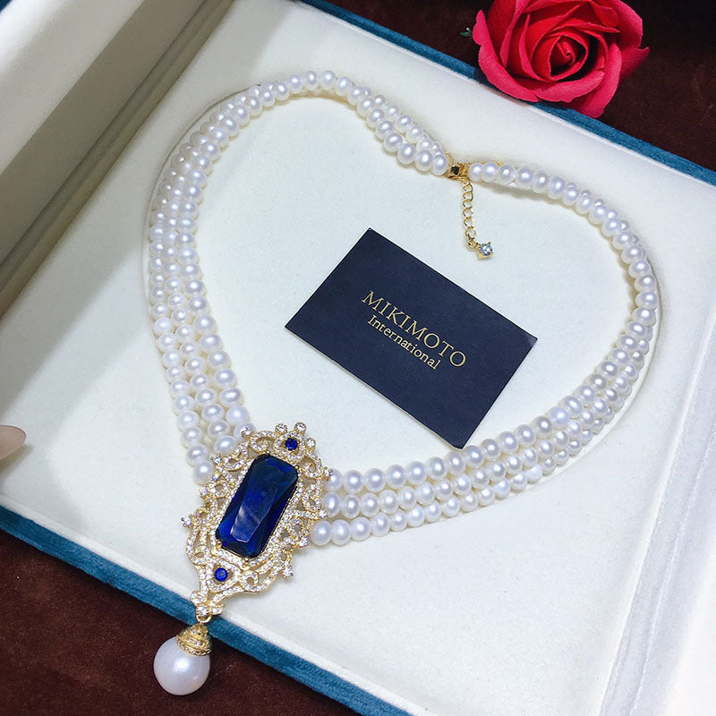 French retro freshwater pearl necklace female white versatile multi-layer fashion personality retro court style French style