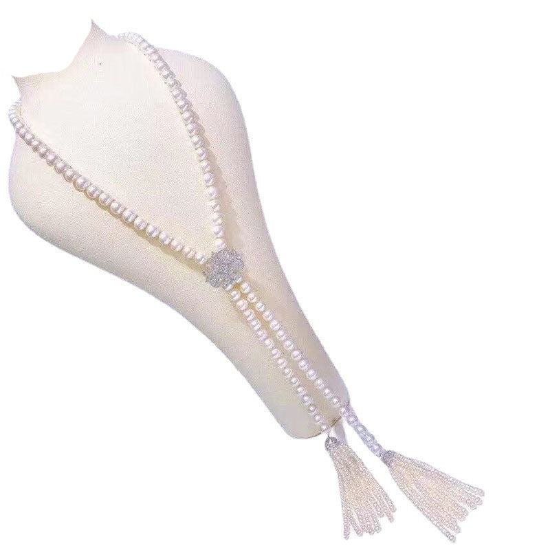 Freshwater Pearl Necklace for Women - White 8-9mm, Double Tassel Design