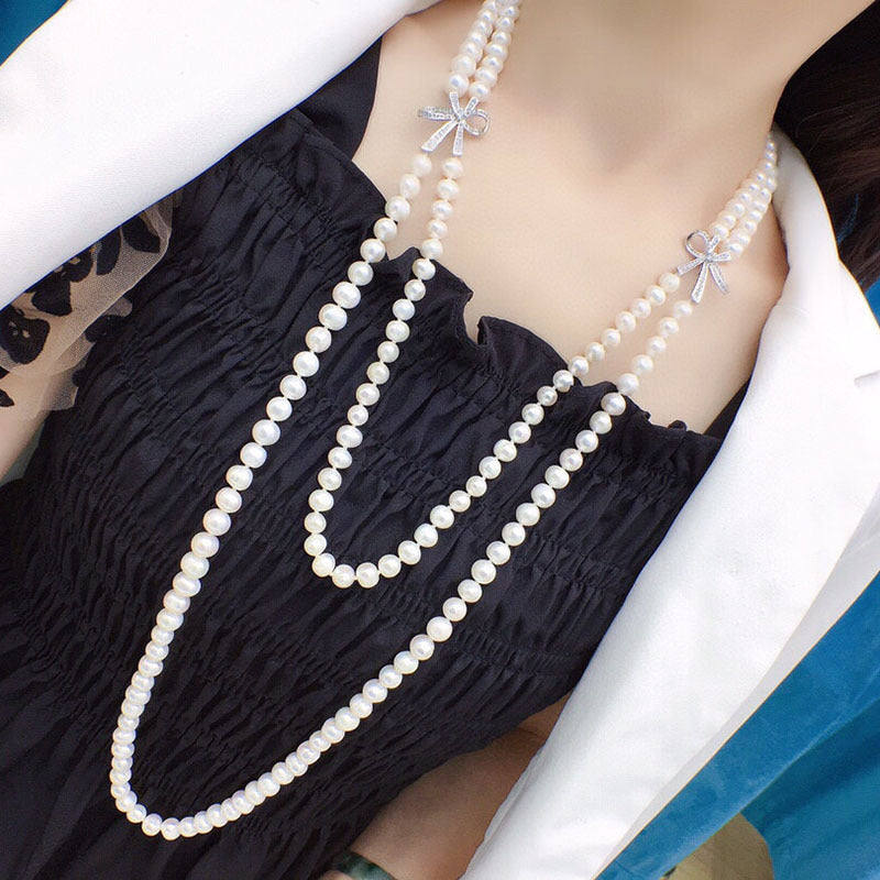 Double Layer Freshwater Pearl Necklace - White, Retro Stackable, Bestselling Jewelry