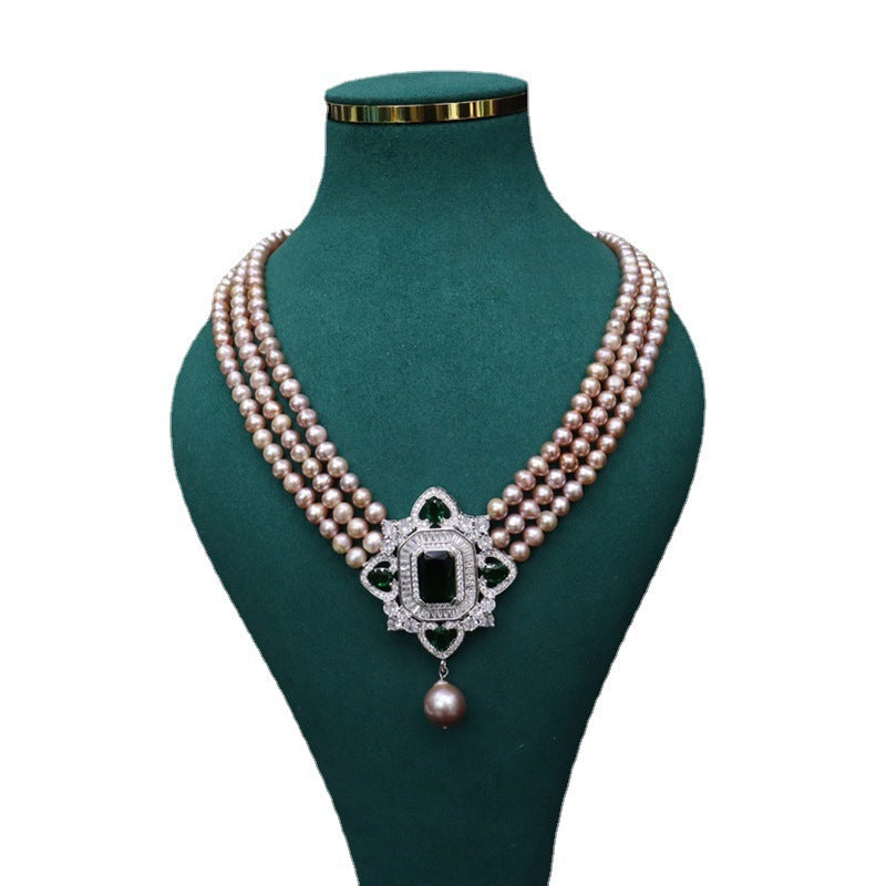 Vintage freshwater pearl necklace 5-6mm strong light nearly round micro-flaw three layers stacked wearing elegant jewelry holiday gift 351