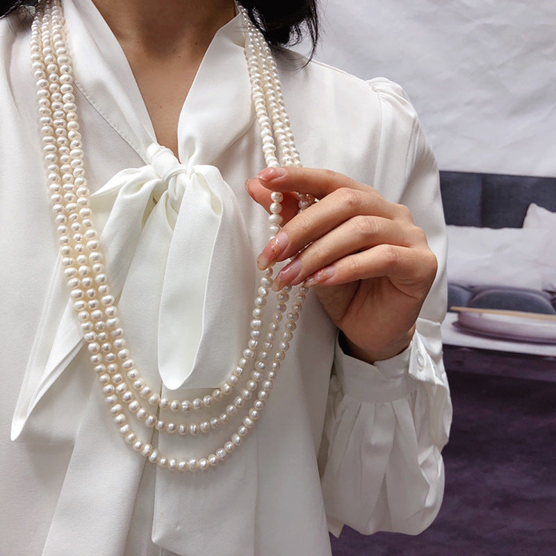 White Freshwater Pearl Necklace - 6-7mm, French Vintage Style, Multi-Layer Design