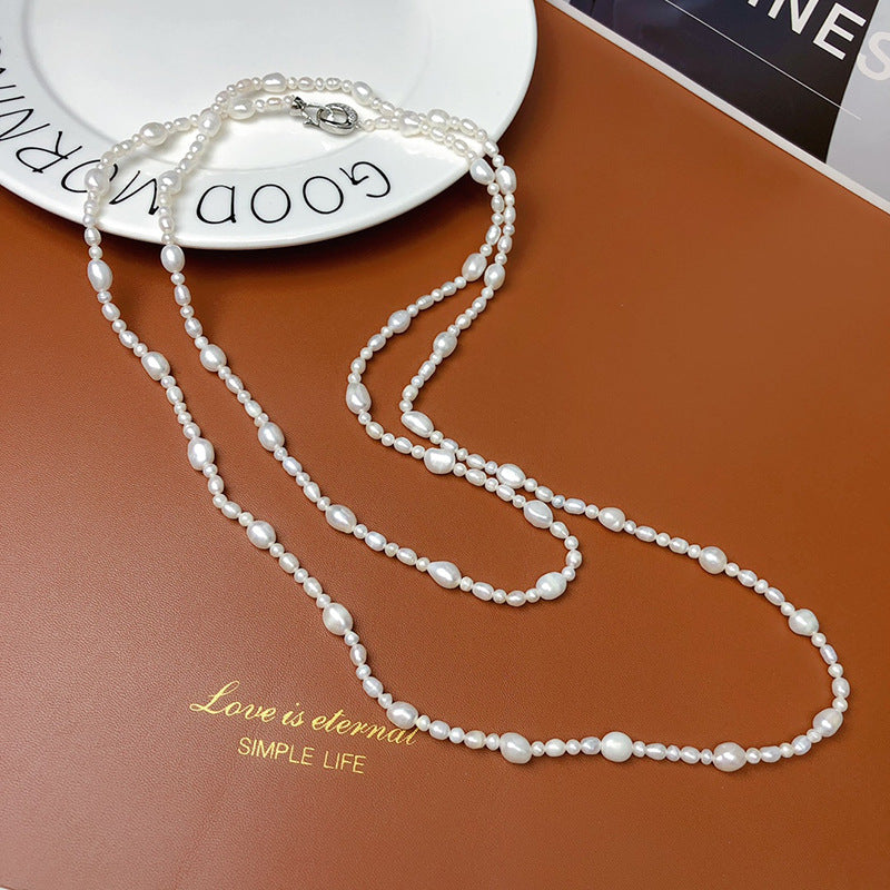 Double Layer Natural Freshwater Pearl Necklace for Women - Elegant Long Pendant Chain, Fashion Jewelry for Qipao and Wholesale