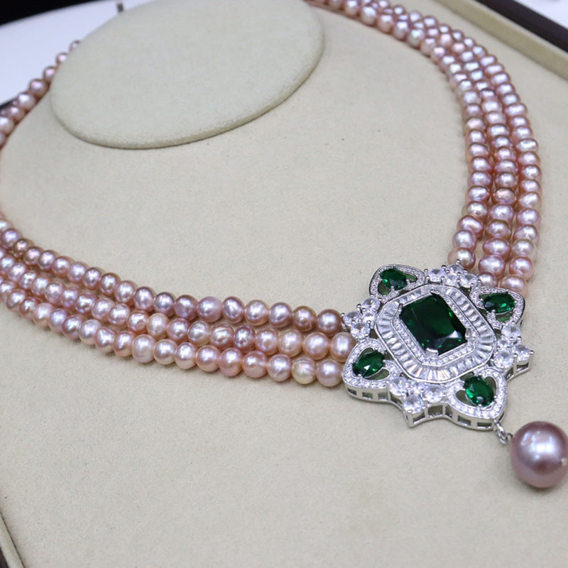 Vintage freshwater pearl necklace 5-6mm strong light nearly round micro-flaw three layers stacked wearing elegant jewelry holiday gift 351