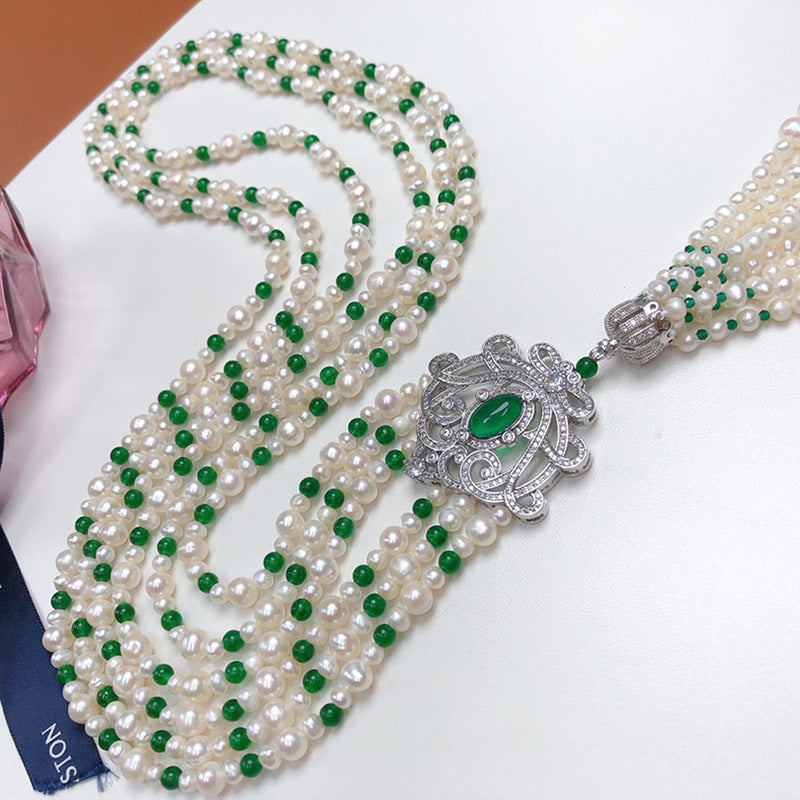 Multi-Layer Natural Freshwater Pearl Necklace - White Luxury Green Long Chain, Elegant Qipao Jewelry for Women, Wholesale