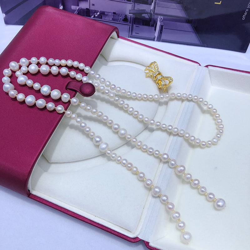 New Natural Freshwater Pearl Necklace with Bow - 5-9mm Near-Round Slightly Imperfect, Fashion Elegant Jewelry for Women
