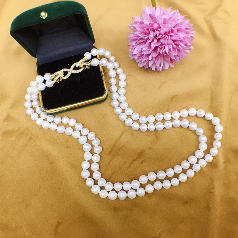 French freshwater pearl necklace women's Korean 8-9mm double-layer stacked wear nearly round and flawed fashion versatile temperament jewelry 326