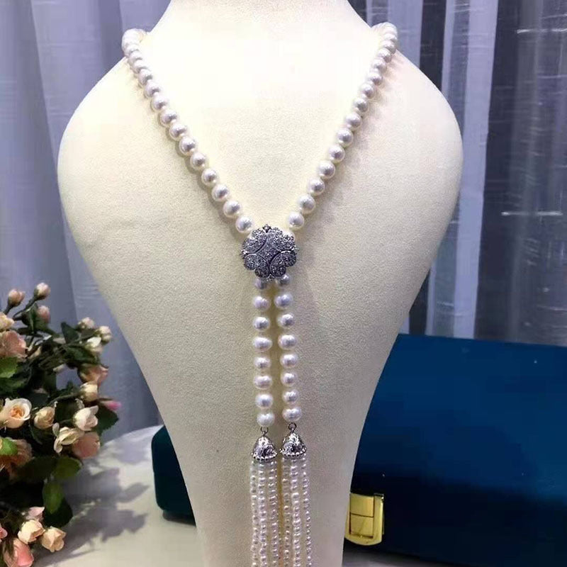 Freshwater Pearl Necklace for Women - White 8-9mm, Double Tassel Design