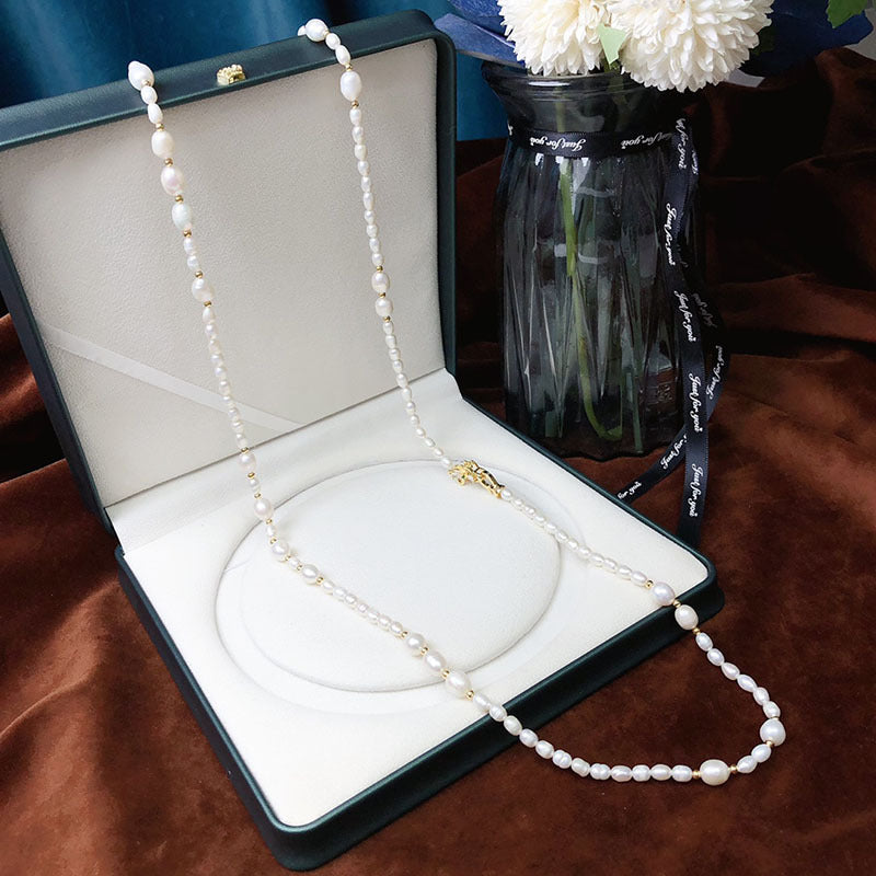 Natural Rice Pearl Necklace for Women - Baroque Minimalist Luxury Pendant Chain, Versatile Fashion Jewelry