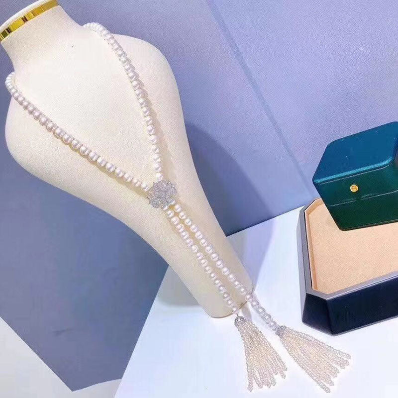 Freshwater Pearl Necklace for Women - White 8-9mm, Double Tassel Design