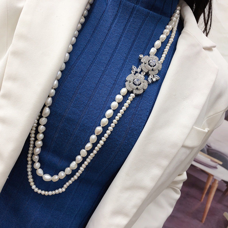 Double Layer Freshwater Pearl Necklace - White 5-9mm, Unique & Fashionable Design