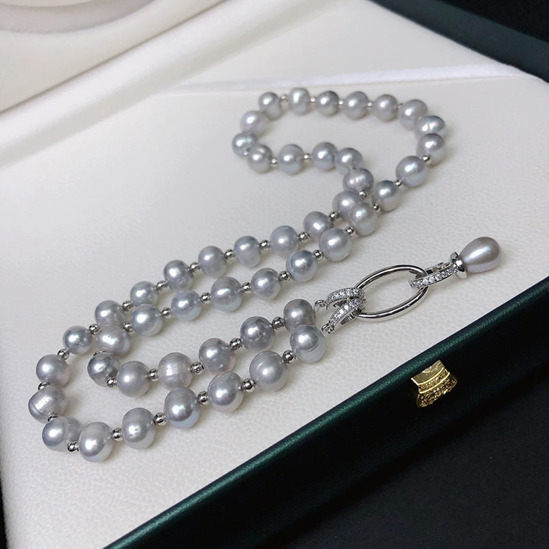 8mm Gray Freshwater Pearl Necklace for Women - Fashion Multi-Wear Pendant Chain, Perfect Gift Jewelry