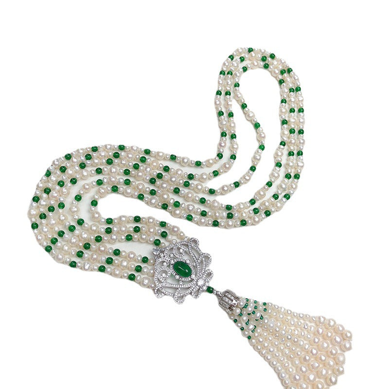 Multi-Layer Natural Freshwater Pearl Necklace - White Luxury Green Long Chain, Elegant Qipao Jewelry for Women, Wholesale
