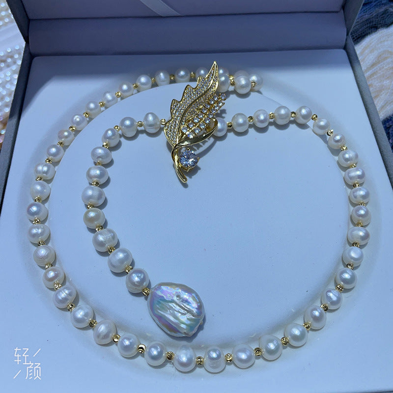 Feather Design Natural Freshwater Pearl Necklace for Women - Minimalist Versatile Pendant Chain, Fashion Jewelry