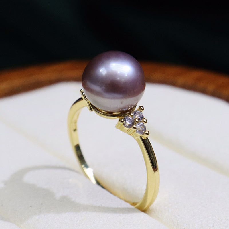 Natural freshwater pearl ring 18k gold micro-inlaid classic fashion adjustable ring