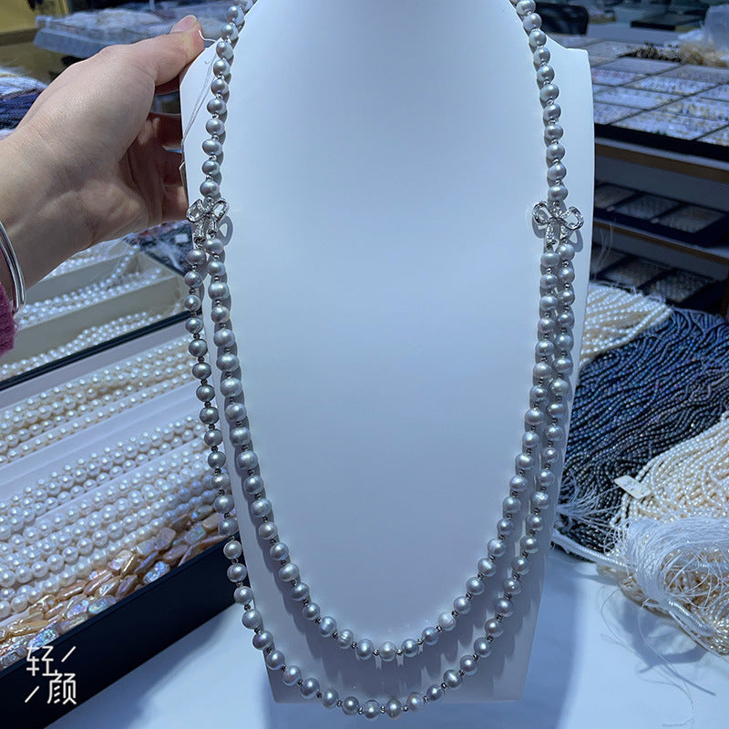 Double Layer Gray Pearl Necklace - 8mm Freshwater Pearl, Elegant Versatile Women's Jewelry for Gift