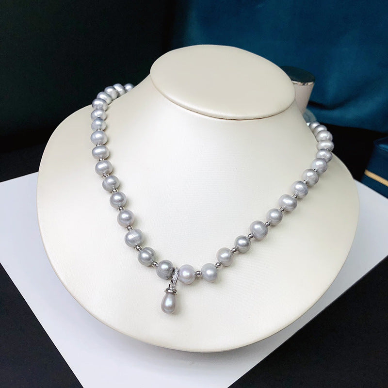 8mm Gray Freshwater Pearl Necklace for Women - Fashion Multi-Wear Pendant Chain, Perfect Gift Jewelry