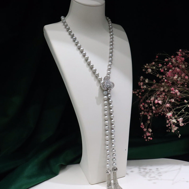 Gray Pearl Pendant Necklace for Women - Versatile Long Chain, Minimalist Jewelry