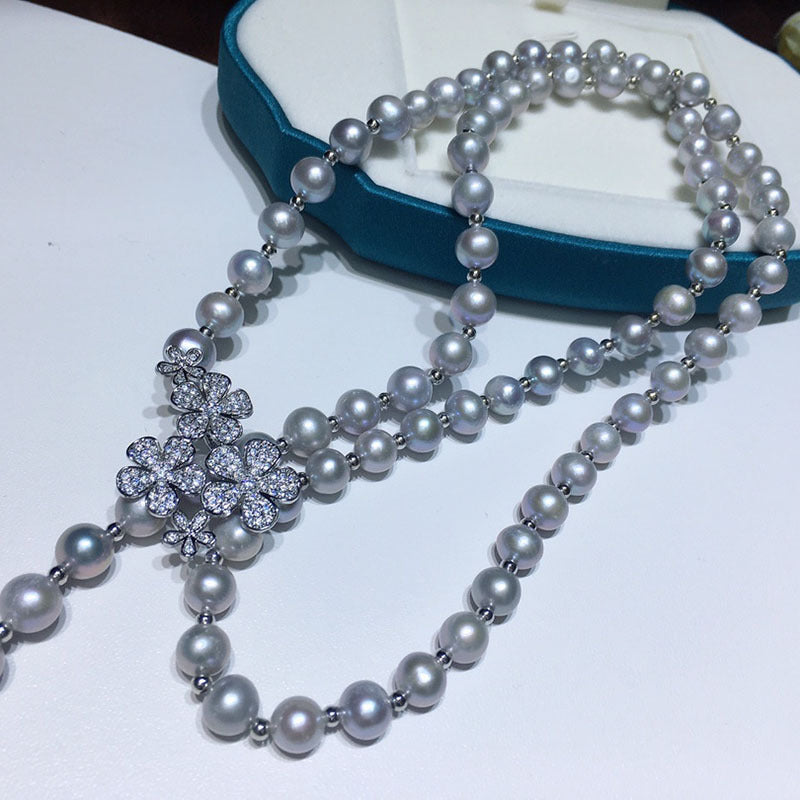 Gray Freshwater Pearl Necklace - 8-9mm Near-Round, High Luster, Multi-Way Wear