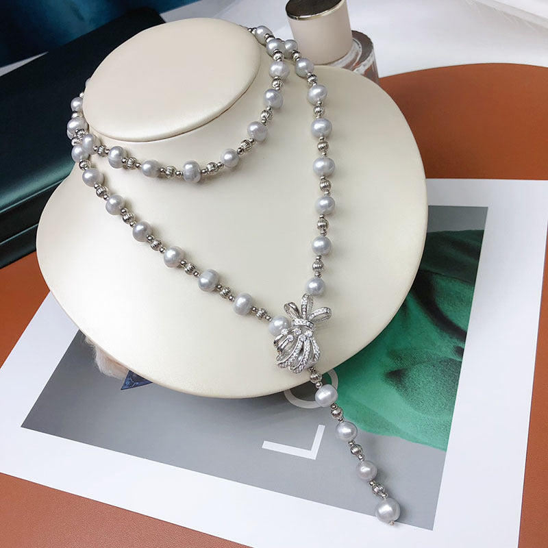 80cm Gray Freshwater Pearl Necklace - Retro Pendant Design for Women