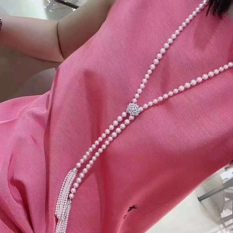 Freshwater Pearl Necklace for Women - White 8-9mm, Double Tassel Design