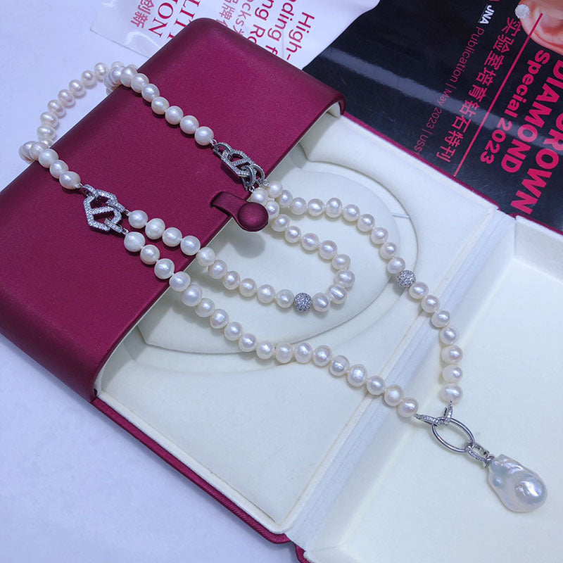 Natural Freshwater Pearl Necklace & Bracelet Set - White Near-Round Baroque Jewelry, Multi-Wear Style