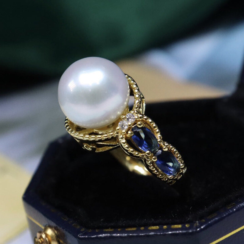 "Natural Freshwater Pearl Open Ring - Versatile Round Design, Trendy Women's Jewelry"
